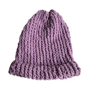 Handmade Knit Hat Stocking Cap Ribbed Beanie Purple Cozy Winter Ski Snow Hat